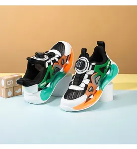 Close-up of breathable children's mesh sneakers with convenient dial lacing system.