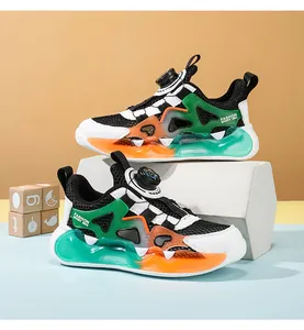 Breathable children's mesh sneakers with practical rotating buckle and colorful sole