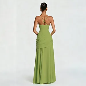 Back view of an elegant lime green pleated maxi dress featuring a sexy criss-cross strap design