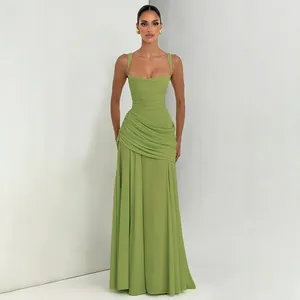 Elegant lime green pleated floor-length maxi dress with a chic square neckline