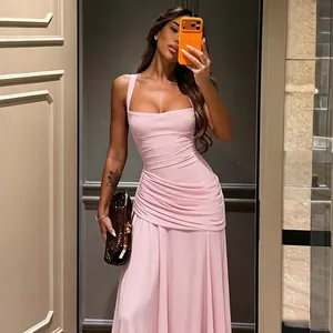 Elegant light pink square neck sleeveless maxi dress with ruched waist detail.
