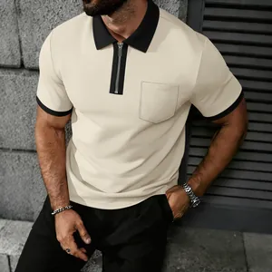 Heren Casual Polyester Wafel Poloshirt Rits Korte Mouw Top Contrastkraag Met Borstzak Mode Vrijetijdshemd