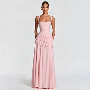 Elegant light pink square neck pleated maxi dress with ruched waist detail for women
