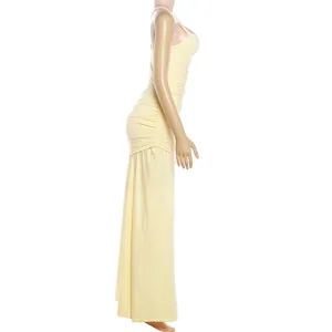 Side view detail of light yellow ruched sleeveless bodycon maxi dress for women