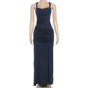 Elegant navy blue ruched maxi dress with square neckline and slim fit design