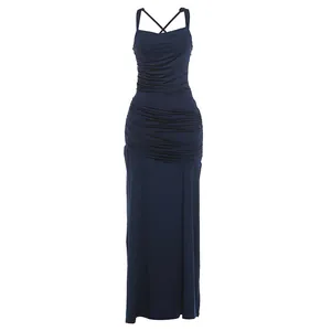 Elegant navy blue square neck maxi dress with ruched waist detail and a slim fit design.