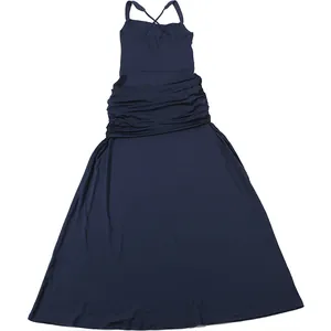 Elegant navy blue ruched high waist maxi dress with cross back straps