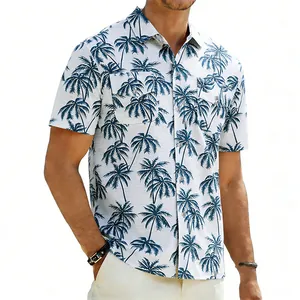 Vue détaillée d'une chemise hawaïenne décontractée pour homme à imprimé palmier.