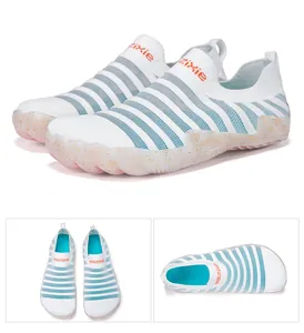 Multi-angle views of white and blue striped knit water shoes with glittery rubber soles