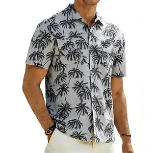 Vue détaillée de la chemise hawaïenne pour hommes avec texture lin et motif palmier