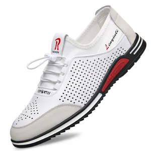 Men's white breathable casual sneakers with hollow-out design and soft rubber sole