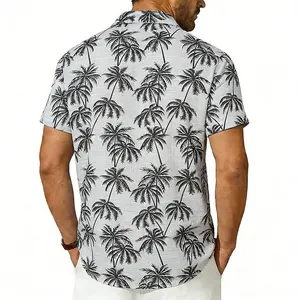 Vue arrière de chemise hawaïenne pour hommes avec imprimé cocotier et tissu lin.