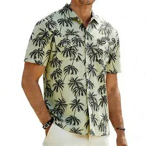 Vue détaillée de la chemise hawaïenne pour hommes avec imprimés de palmiers noirs