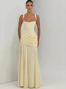 Women Polyester Spandex Square Neck Sleeveless Ruched Maxi Dress High Waist Slim Fit Solid Color Sexy Evening Long Dress
