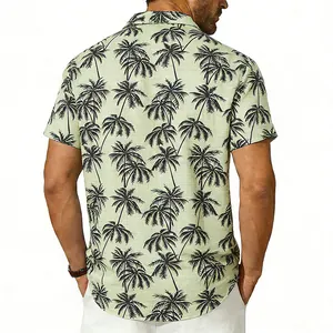 Vue arrière d'une chemise hawaïenne pour homme avec imprimé palmier noir sur fond vert.