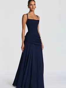 Elegant navy blue square neck ruched maxi dress with slim fit for formal evening events