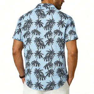 Vue arrière détaillée d'une chemise hawaïenne bleue pour homme à imprimé palmier noir