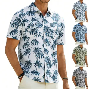Chemise Hawaïenne à Manches Courtes pour Hommes Décontractée Imprimé Cocotier Coupe Large Col à Revers Effet Lin Plage Tropicale