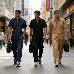 Outdoor lifestyle shot of men wearing summer linen short-sleeved shirt and pants sets