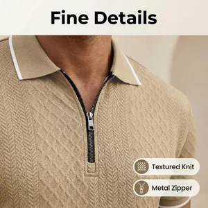 Close-up of men's textured knit polo shirt featuring a metal zipper and fine details