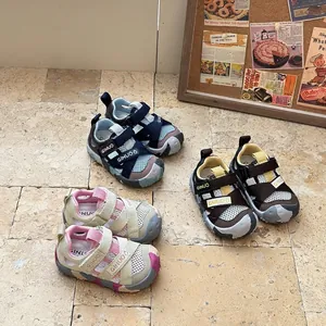 Close-up of breathable toddler sports sandals with protective toe and Velcro straps