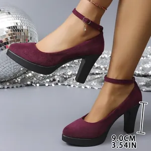 Women Plus Size Suede Chunky Heel High Heels Elegant Round Toe Ankle Buckle Strap Pumps With Rhinestone Charm For Party Office