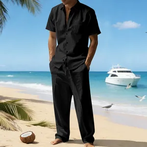Black linen short sleeve shirt and trousers two-piece set for men's summer beach holiday