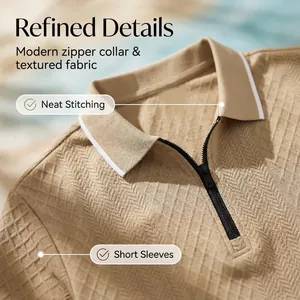 Close-up of high-quality textured fabric and modern zipper collar on tan polo shirt.