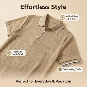 Detail view of premium knit fabric and adjustable zip collar on men's khaki polo shirt