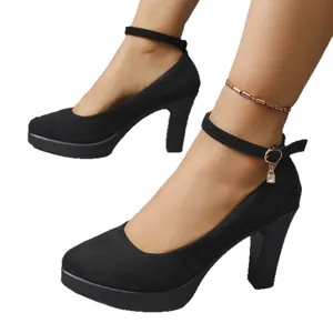 Elegant black suede chunky platform high heels with decorative charm ankle strap