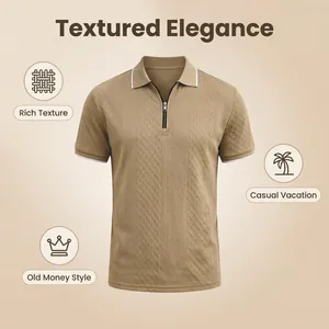 Detailed texture of khaki men's polo shirt with zipper collar and white trim