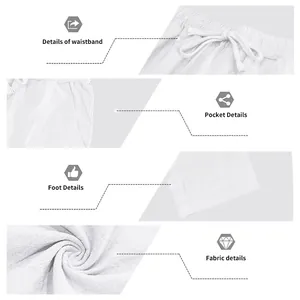 Detail view of men's white linen pants: drawstring waistband, side pockets, and hem fabric texture