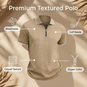 Close-up detail of a khaki jacquard textured polo shirt featuring a modern zipper collar.