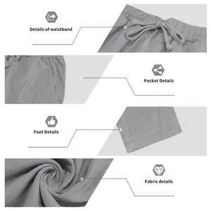 Close-up details of men's casual linen pants waistband, pocket, and fabric texture.