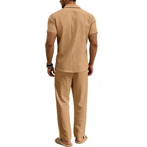 Back view of men's summer linen-style short-sleeved shirt and casual trousers set in tan color.