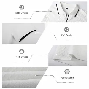 Detail shots of white jacquard men's polo shirt showing neck, cuff, hem and fabric texture