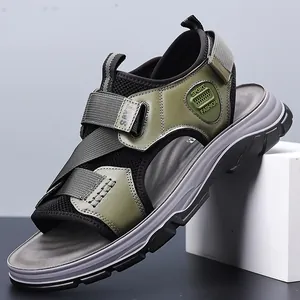 Herren Casual Strand Sandalen Erste Schicht Rindsleder Atmungsaktive Outdoor Sportschuhe Weiche Sohle Klettverschluss Sandalen Für Männer