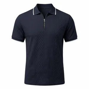 Detailed macro view of a navy blue men's polo shirt with zipper and jacquard texture