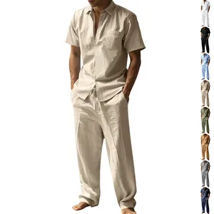 Men Summer Linen Casual Top And Bottom Short Sleeve Lapel Shirt And Drawstring Long Pants Vacation Beach Fashion Outfit