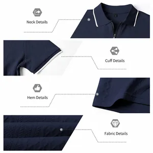 Macro views of zipper collar, ribbed cuffs, and textured jacquard fabric of navy polo