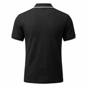 Back view of a black vintage jacquard short sleeve polo shirt for men in high quality