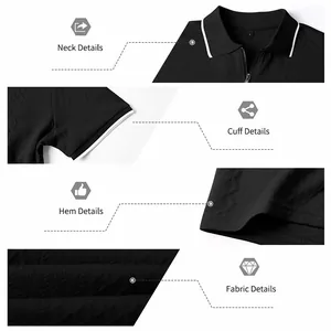 Detailed view of black jacquard Polo shirt showing neck, cuff, hem, and fabric textures
