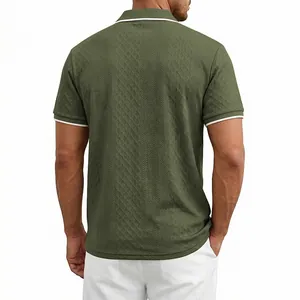 Back view of a men's retro olive green jacquard polo shirt featuring white piping on the collar