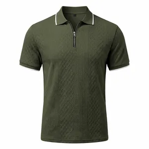 Close-up of military green men's jacquard polo shirt with zipper and white trim