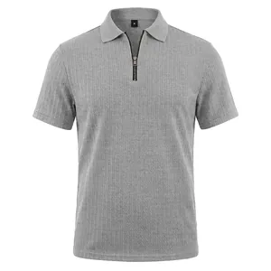 Front view of a men's gray cable-knit short sleeve polo shirt with a 1/4 zipper.
