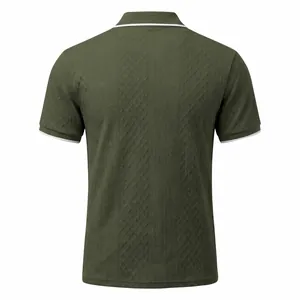 Back view of men's green vintage jacquard short sleeve polo shirt with white trim