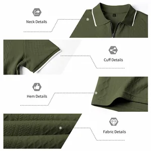 Detail views of neck, cuff, and textured jacquard fabric of the men's polo shirt