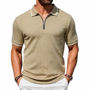 Detail view of men's retro jacquard polo shirt featuring zipper lapel and white contrast trim