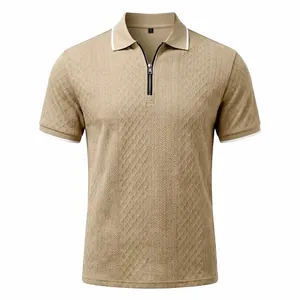 Close-up of khaki jacquard knit texture and zipper detail on men's polo shirt