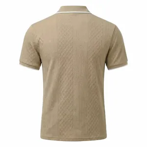 Back view of men's vintage khaki polo shirt with heavy jacquard texture